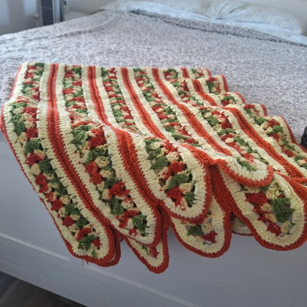 Vintage Strip‎ Afghan Throw Blanket 58x47 Orange Green MCM Decor